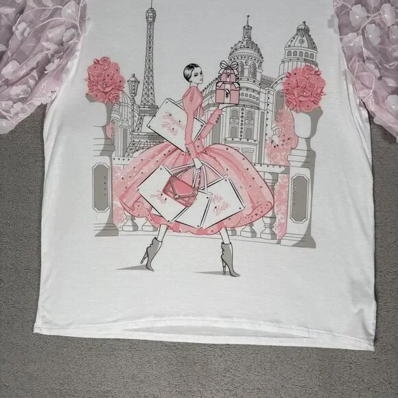 Love and Lace Women’s Size M‎ Parisian Graphic T-Shirt Pink Puff Organza Sleeves - Picture 2 of 14